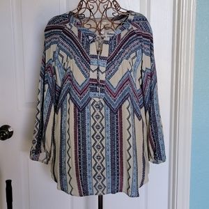 fig and flower Multicolored Geo Print Tie-Front Boho Top/Blouse Women's Size L